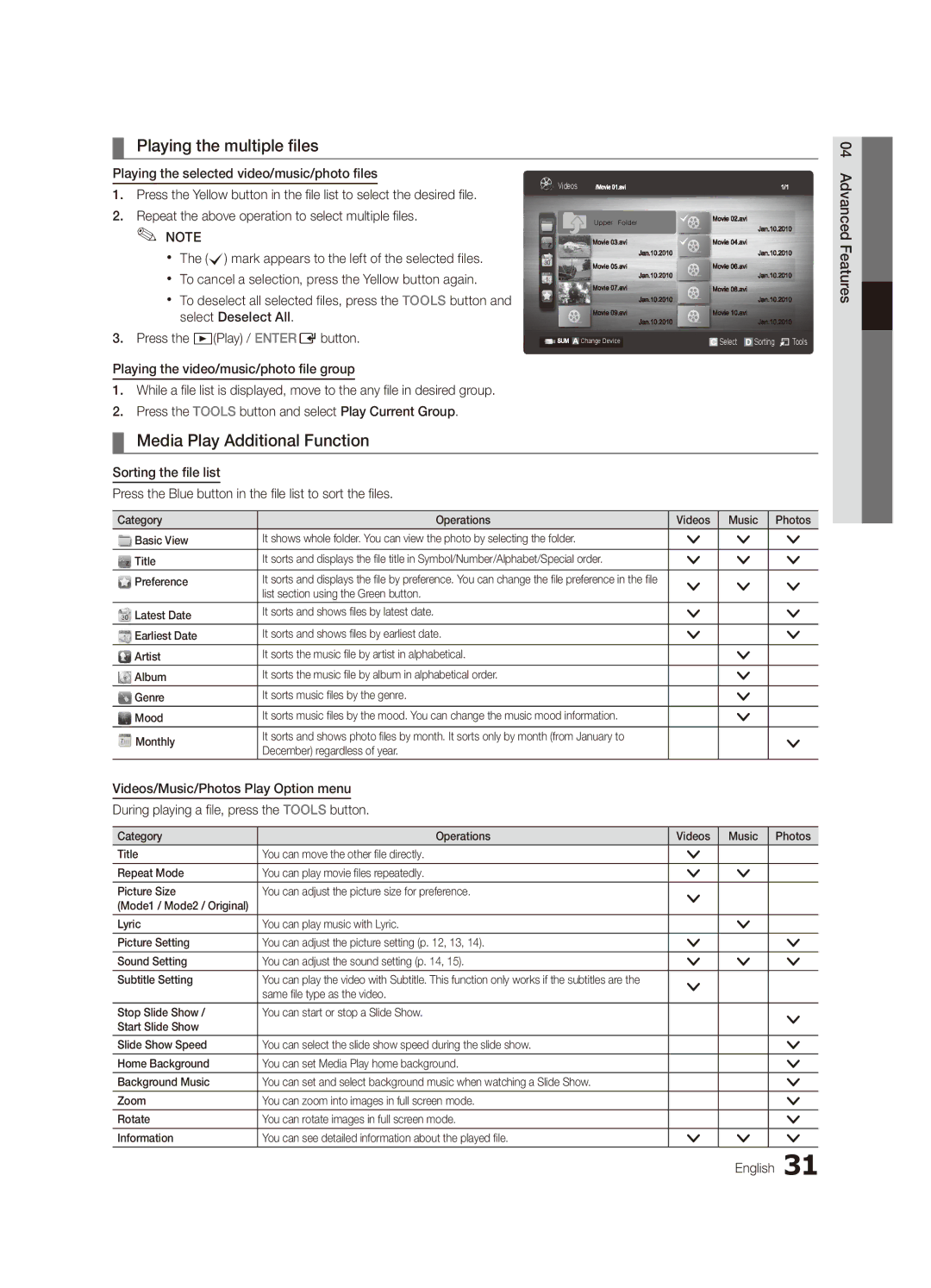 Samsung UA40C6900VMXXV, UA55C6900VMXXV, UA32C6900VMXXV manual Playing the multiple files, Media Play Additional Function 