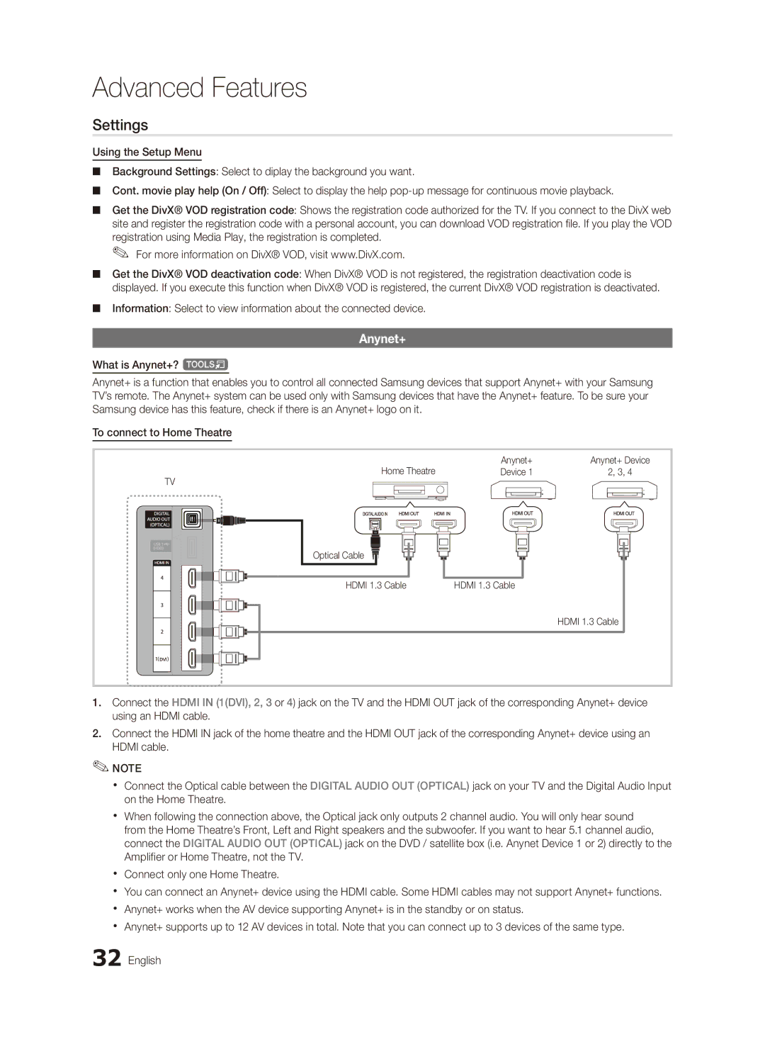 Samsung UA46C6900VMXXV, UA55C6900VMXXV manual Settings, Home Theatre Anynet+, Device Optical Cable Hdmi 1.3 Cable 