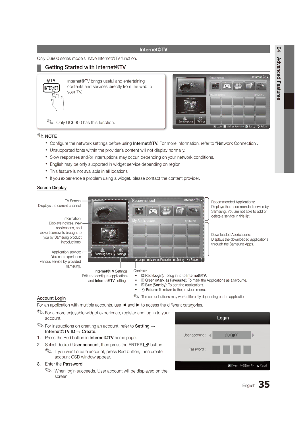 Samsung UA40C6900VMXXV, UA55C6900VMXXV, UA32C6900VMXXV, UA46C6900VMXXV manual Getting Started with Internet@TV, Login 