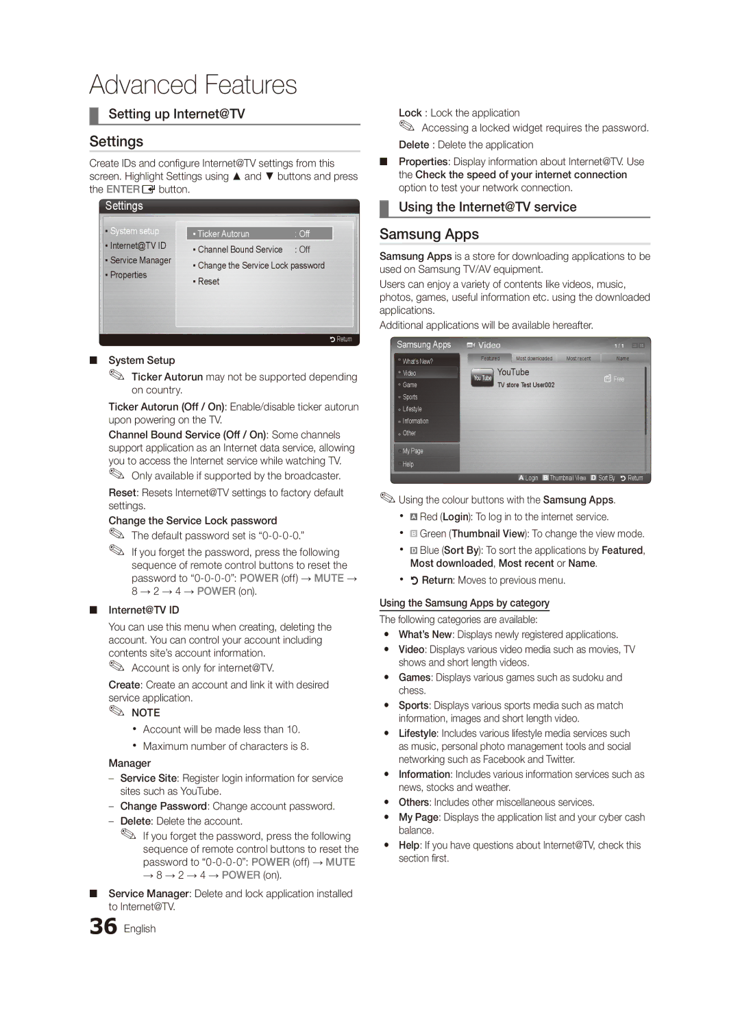 Samsung UA46C6900VMXXV, UA55C6900VMXXV, UA32C6900VMXXV Samsung Apps, Setting up Internet@TV, Using the Internet@TV service 