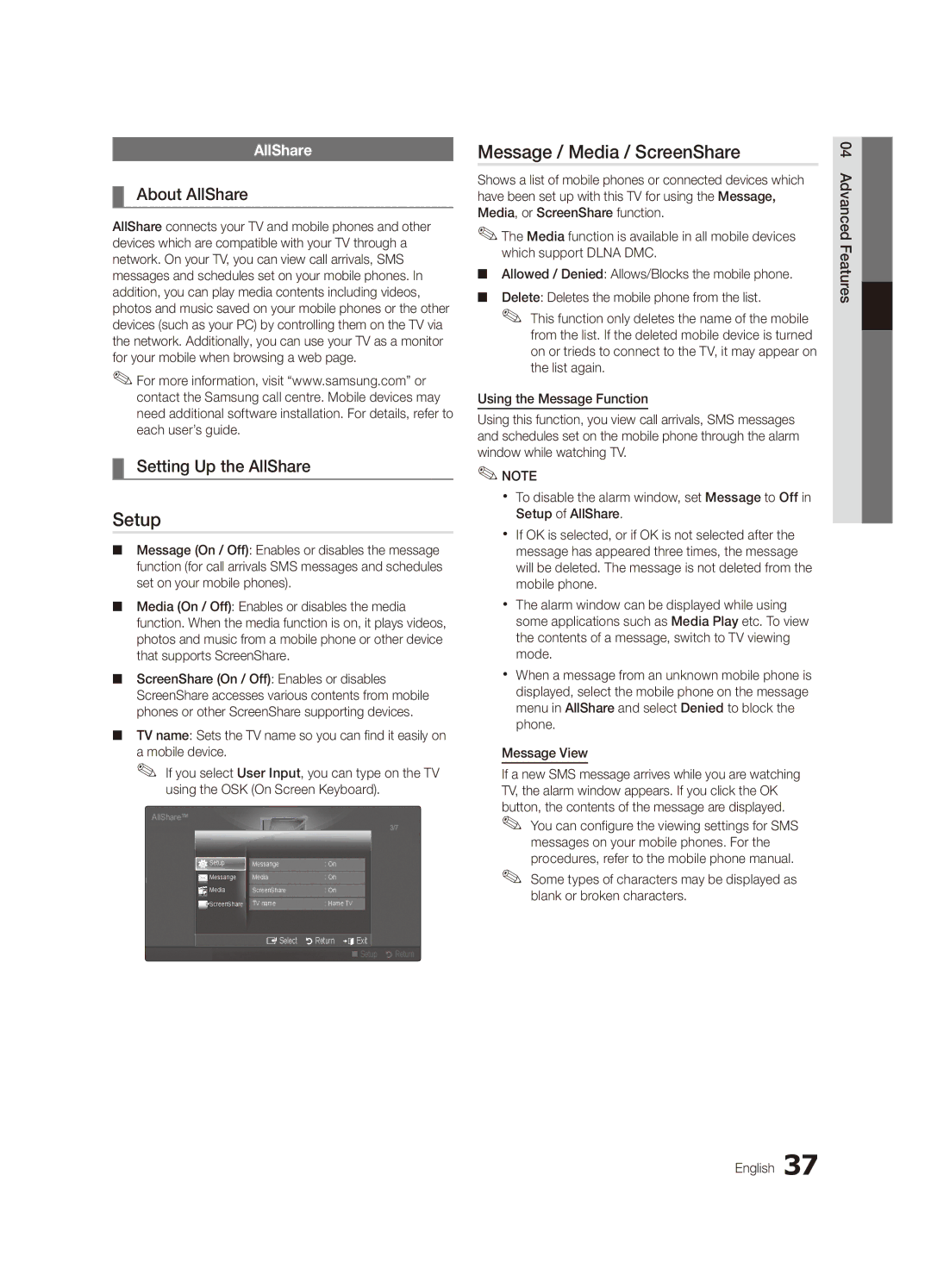 Samsung UA55C6900VMXXV, UA32C6900VMXXV manual Setup, Message / Media / ScreenShare, About AllShare, Setting Up the AllShare 