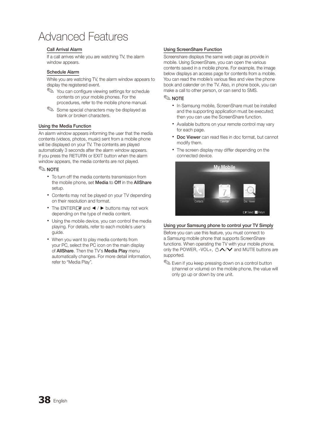 Samsung UA32C6900VMXXV, UA55C6900VMXXV, UA40C6900VMXXV, UA46C6900VMXXV manual My Mobile 