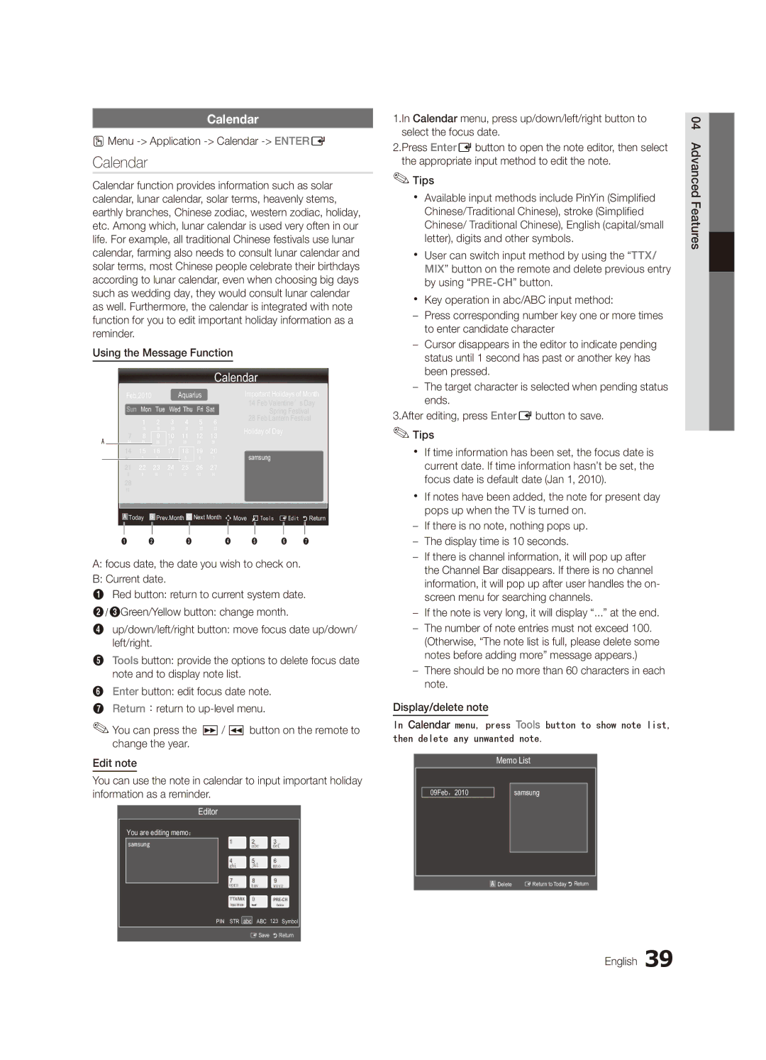 Samsung UA40C6900VMXXV manual Menu Application Calendar Entere, Focus date, the date you wish to check on Current date 