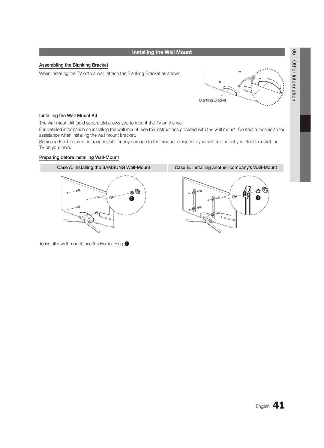 Samsung UA55C6900VMXXV Installing the Wall Mount, To install a wall-mount, use the Holder-Ring English, Blanking Bracket 