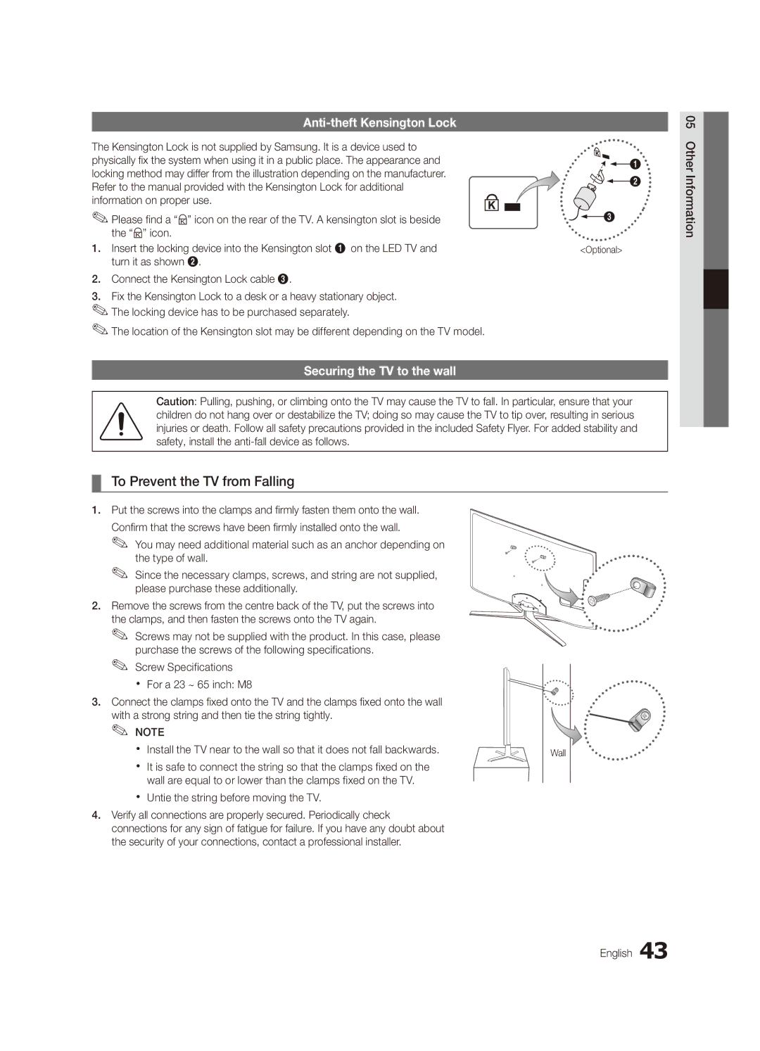 Samsung UA40C6900VMXXV To Prevent the TV from Falling, Anti-theft Kensington Lock, Securing the TV to the wall, Optional 