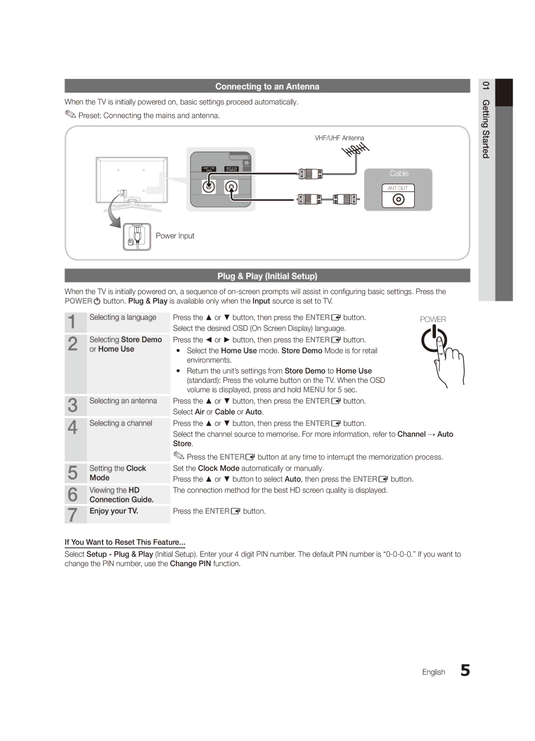 Samsung UA55C6900VMXXV, UA32C6900VMXXV manual Connecting to an Antenna, Plug & Play Initial Setup, Power Input, Or Home Use 