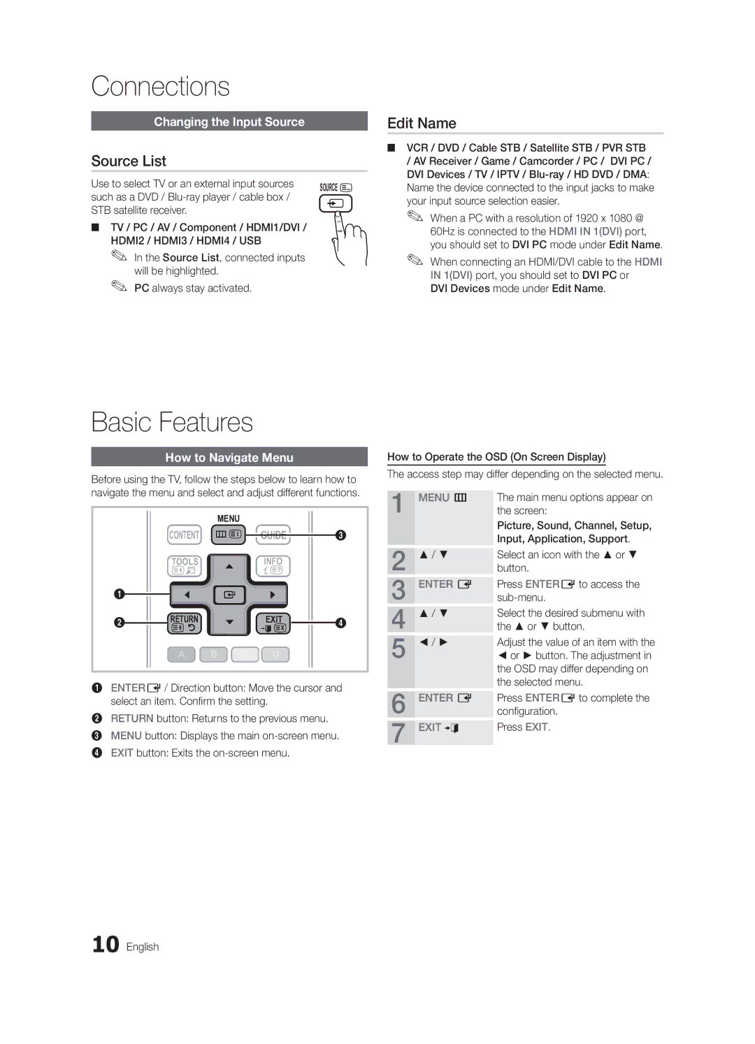 Samsung UA60C6900VMXXV, UA55C6900VMXXV manual Source List, Edit Name, Changing the Input Source, How to Navigate Menu 