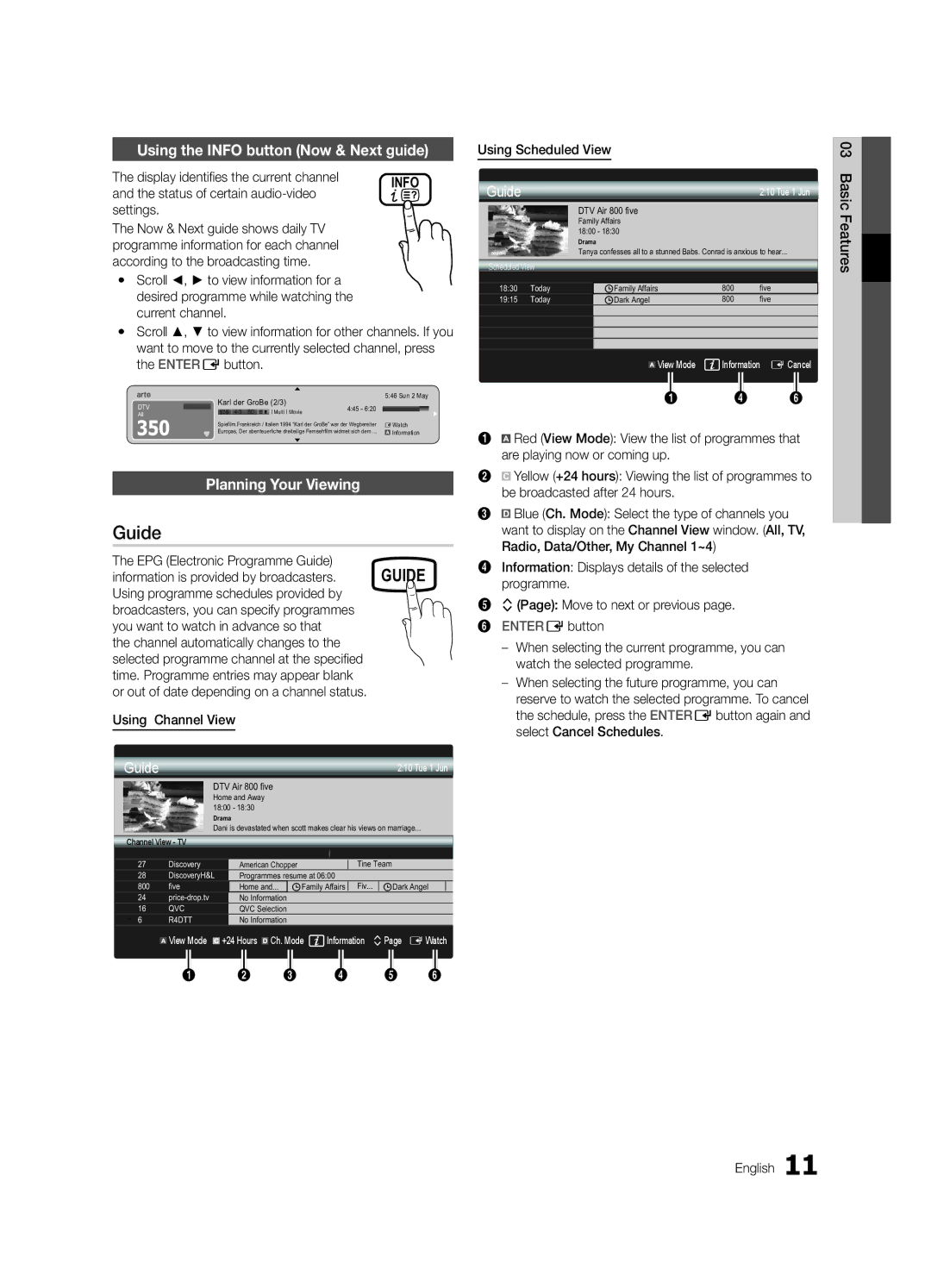 Samsung UA46C6900VMXXV manual Using the Info button Now & Next guide, Display identifies the current channel, Settings 