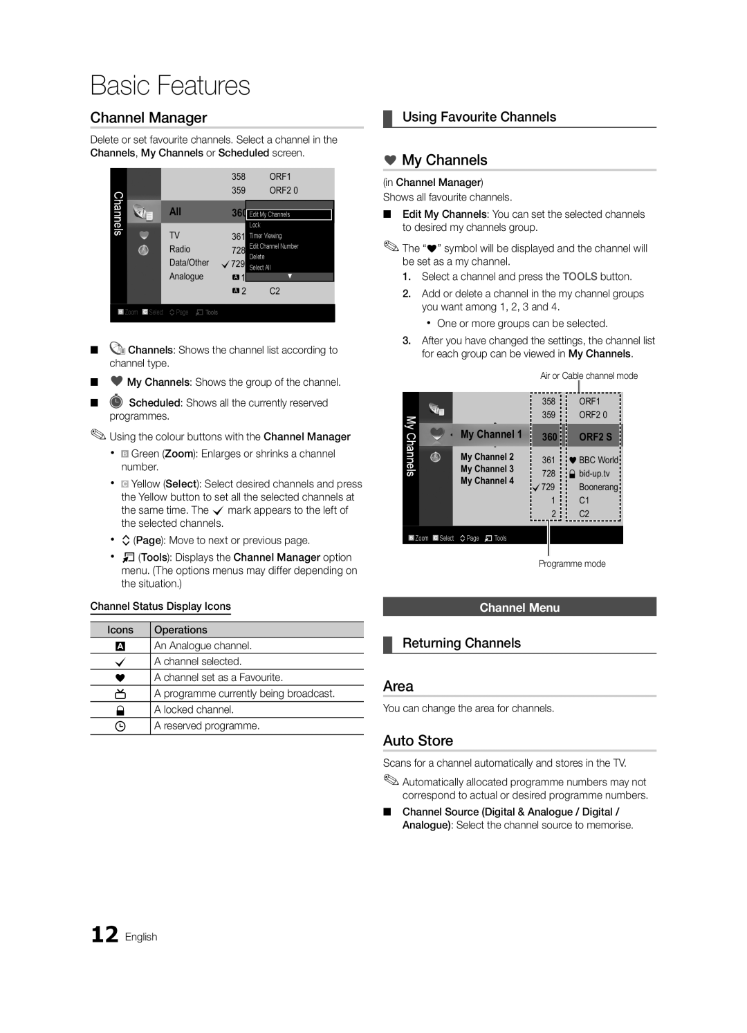 Samsung UA55C6900VMXXV, UA32C6900VMXXV, UA60C6900VMXXV, UA46C6900VMXXV manual Channel Manager, My Channels, Area, Auto Store 