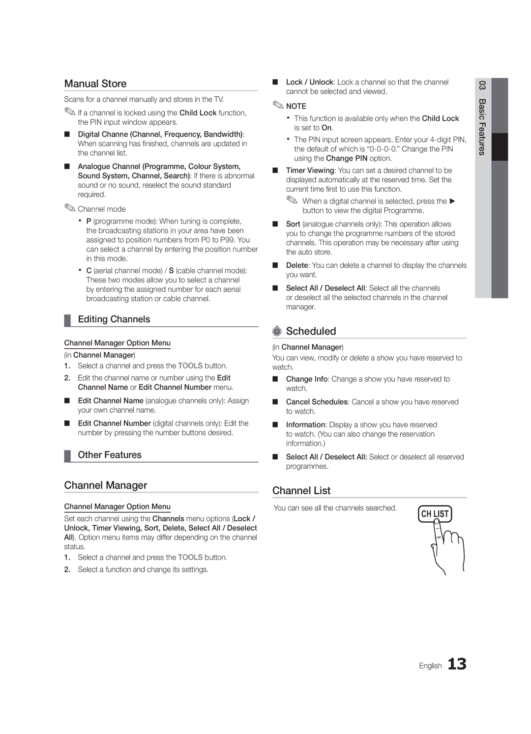 Samsung UA32C6900VMXXV, UA55C6900VMXXV manual Manual Store, Scheduled, Channel List, Editing Channels, Other Features 