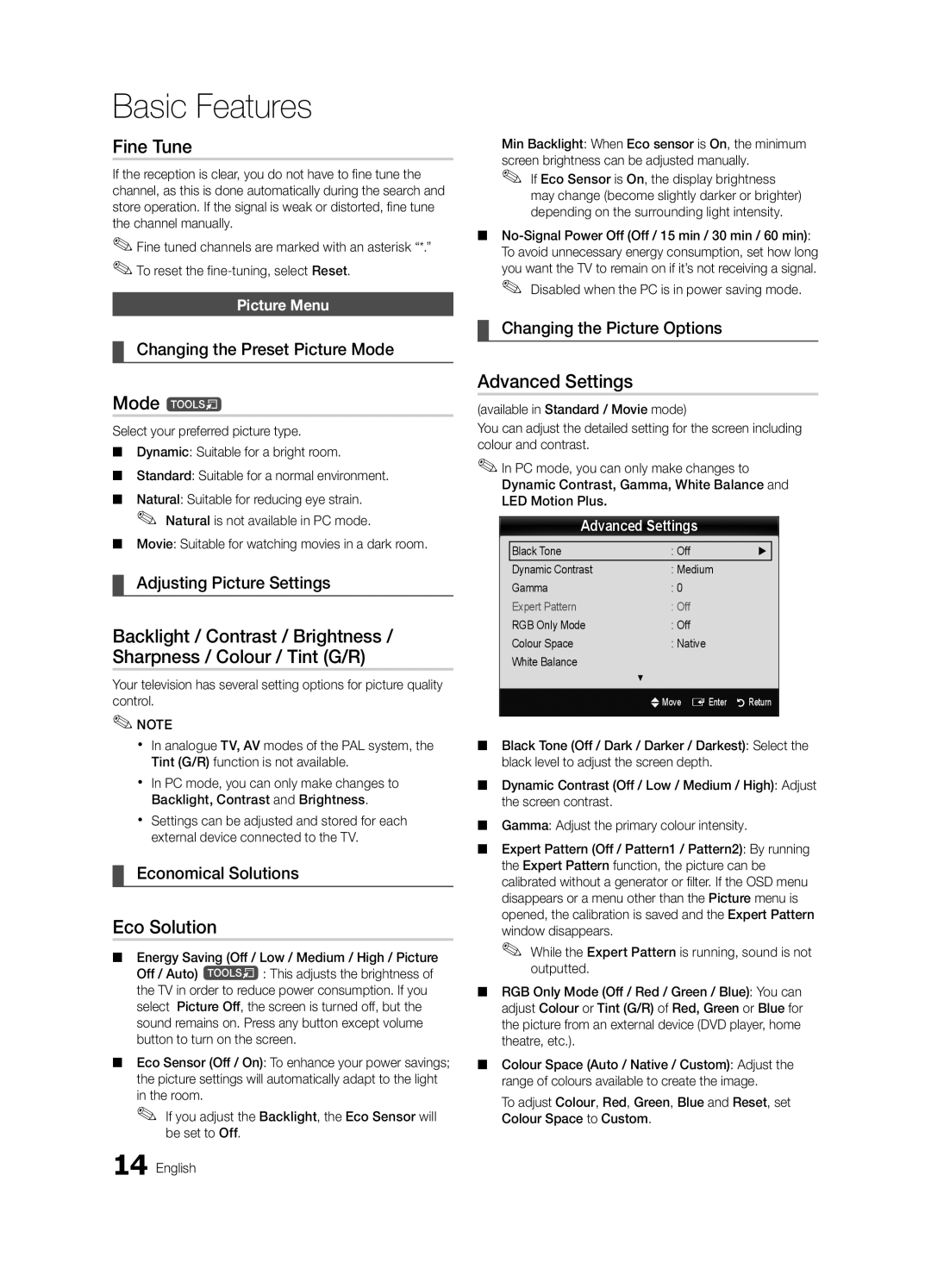 Samsung UA60C6900VMXXV, UA55C6900VMXXV, UA32C6900VMXXV, UA46C6900VMXXV Fine Tune, Mode t, Eco Solution, Advanced Settings 