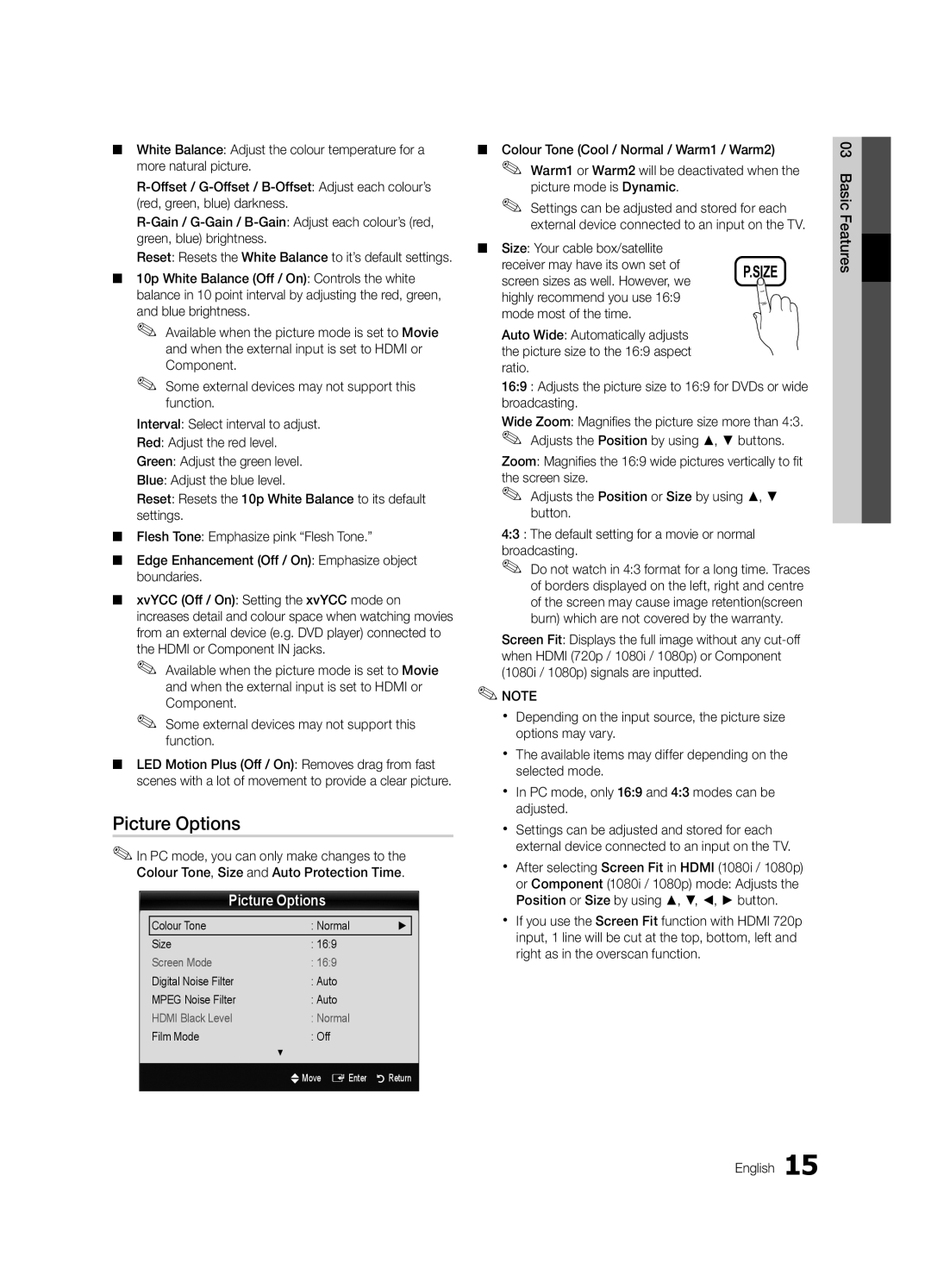 Samsung UA46C6900VMXXV, UA55C6900VMXXV manual Picture Options, Size Your cable box/satellite Receiver may have its own set 