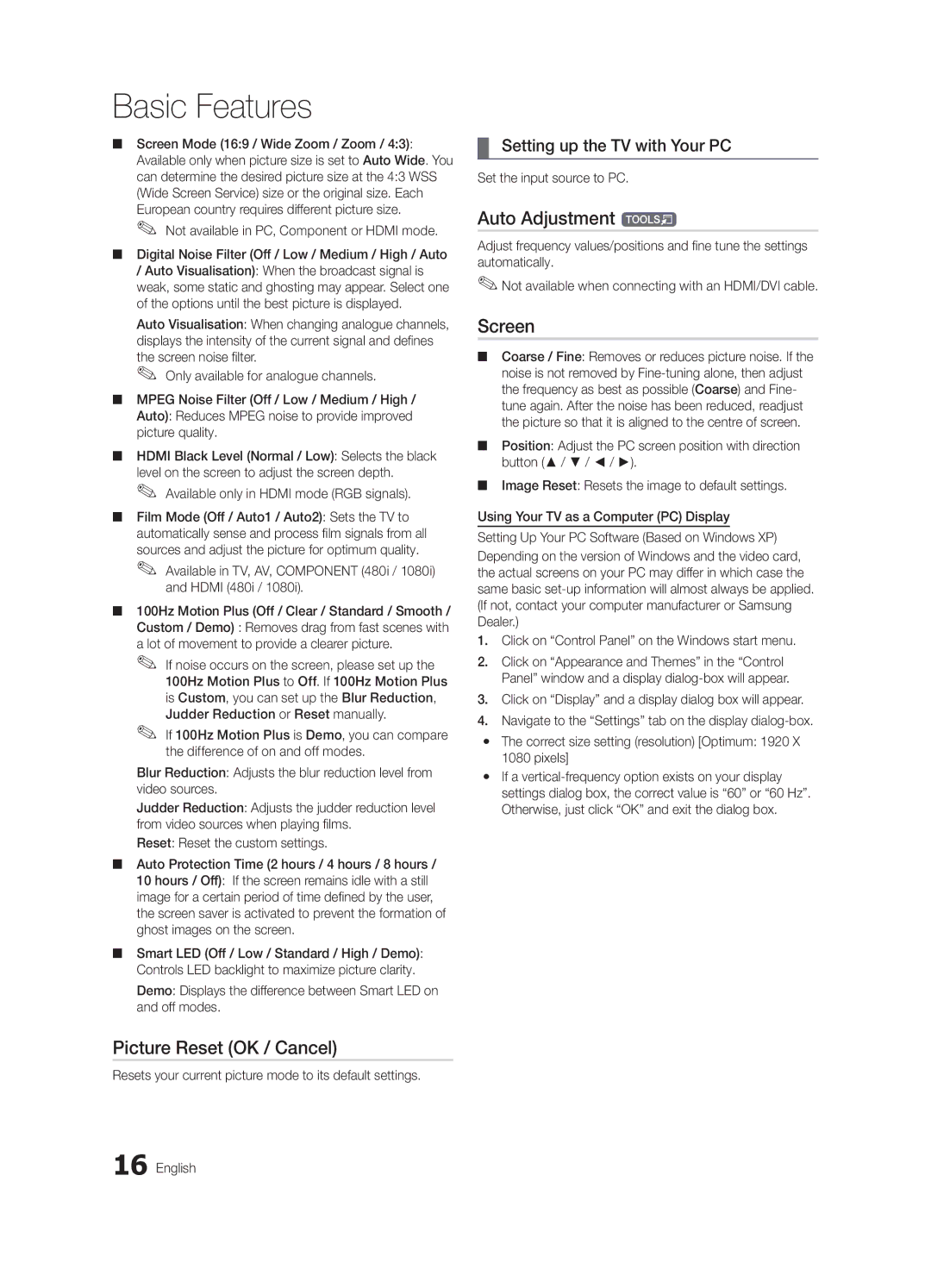 Samsung UA55C6900VMXXV manual Picture Reset OK / Cancel, Auto Adjustment t, Screen, Setting up the TV with Your PC 
