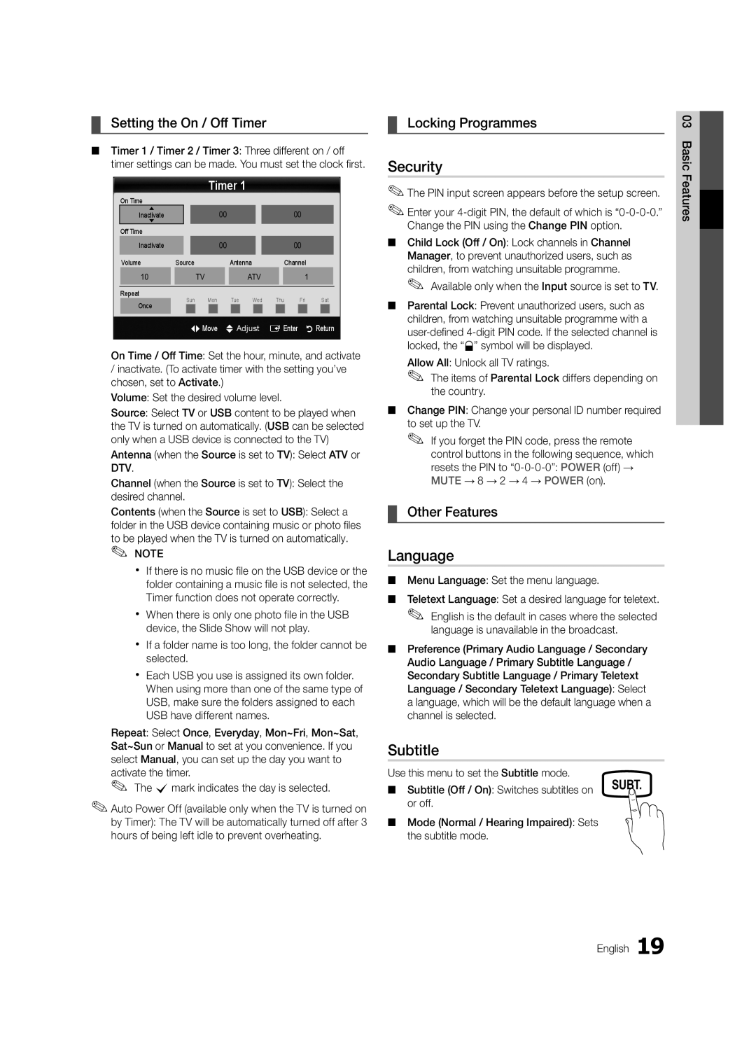 Samsung UA46C6900VMXXV, UA55C6900VMXXV manual Security, Language, Subtitle, Setting the On / Off Timer, Locking Programmes 