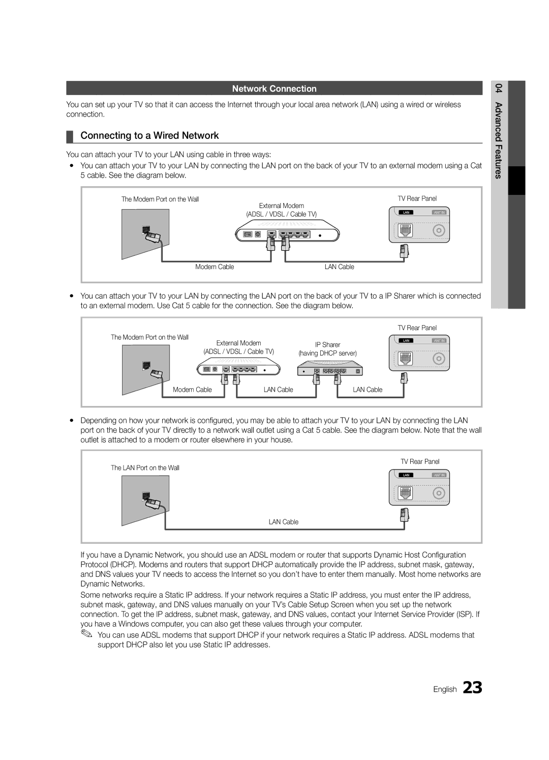 Samsung UA46C6900VMXXV Connecting to a Wired Network, Network Connection, Modem Port on the Wall, Modem Cable LAN Cable 