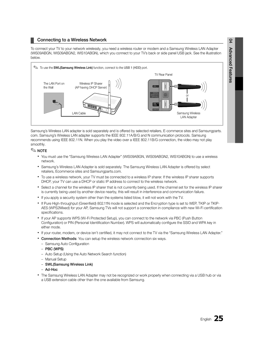 Samsung UA32C6900VMXXV, UA55C6900VMXXV, UA60C6900VMXXV, UA46C6900VMXXV manual Connecting to a Wireless Network, Wall 