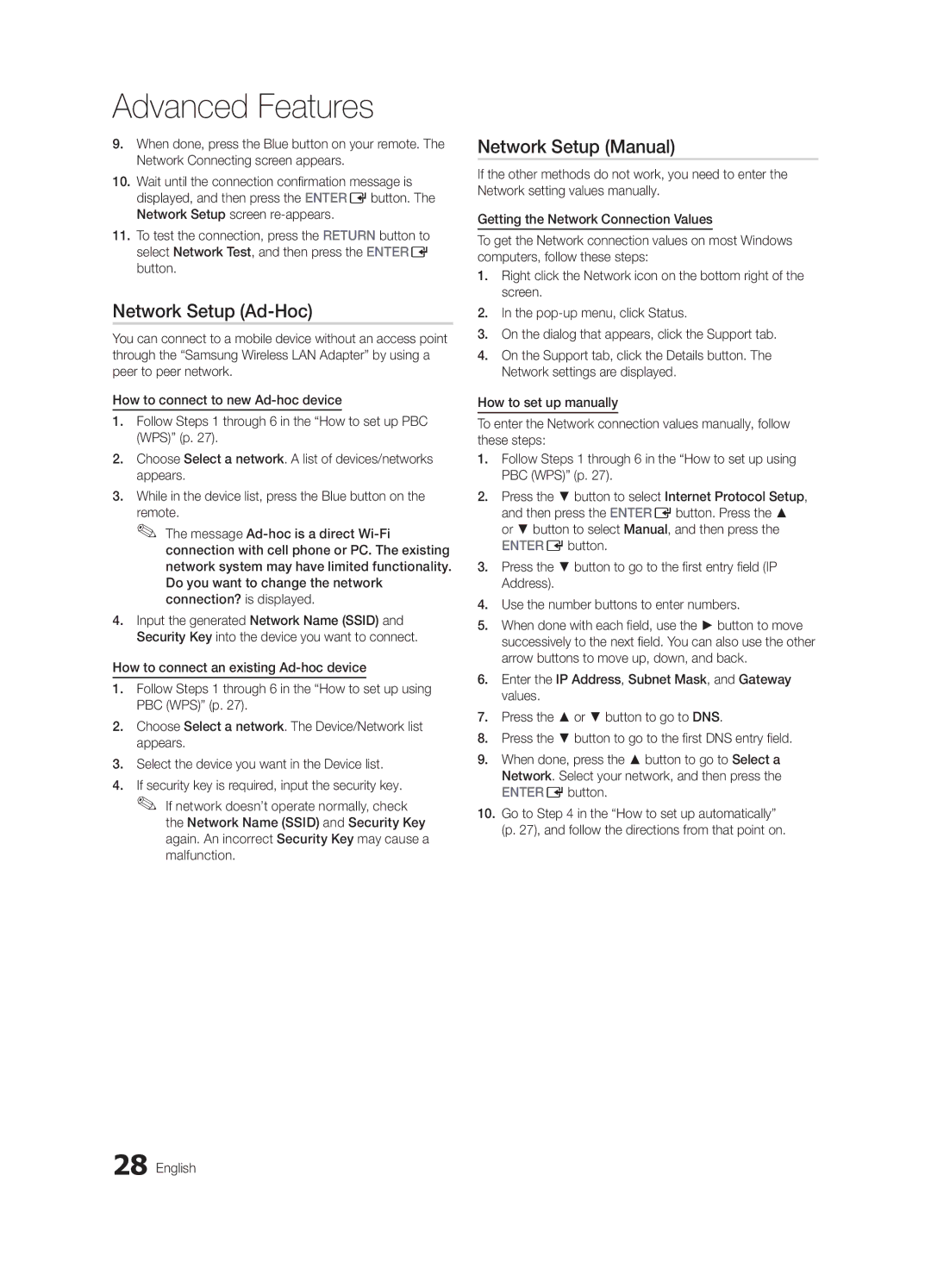 Samsung UA55C6900VMXXV, UA32C6900VMXXV, UA60C6900VMXXV, UA46C6900VMXXV manual Network Setup Ad-Hoc, Network Setup Manual 