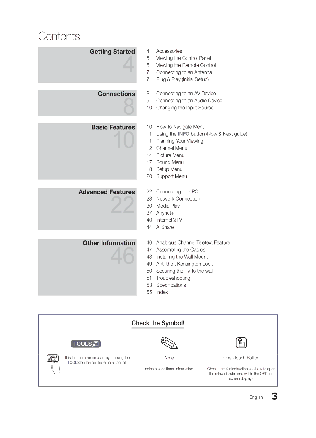 Samsung UA46C6900VMXXV, UA55C6900VMXXV, UA32C6900VMXXV, UA60C6900VMXXV manual Contents 