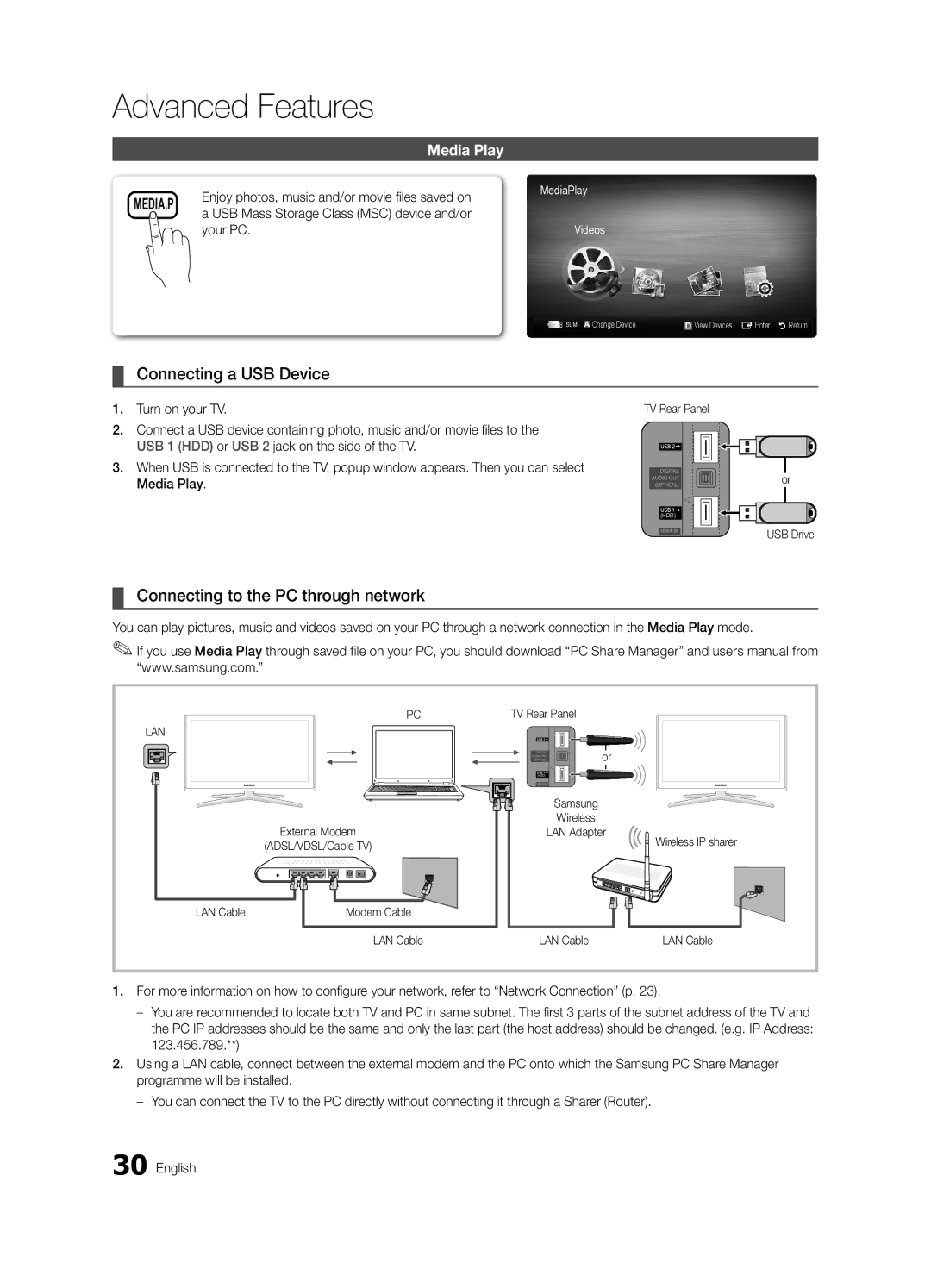 Samsung UA60C6900VMXXV, UA55C6900VMXXV manual Connecting a USB Device, Connecting to the PC through network, Media Play 