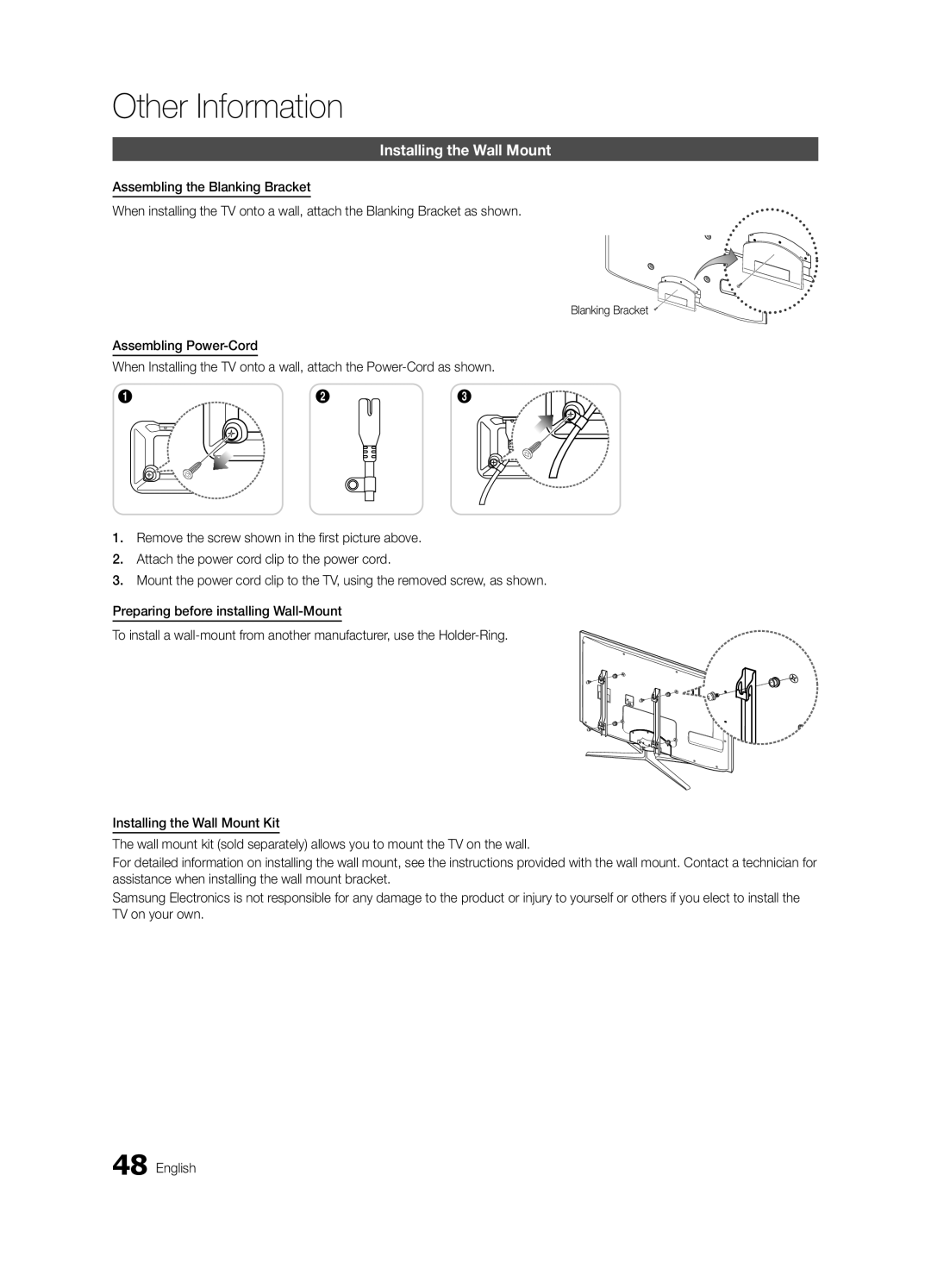 Samsung UA55C6900VMXXV, UA32C6900VMXXV, UA60C6900VMXXV, UA46C6900VMXXV manual Installing the Wall Mount, Blanking Bracket 