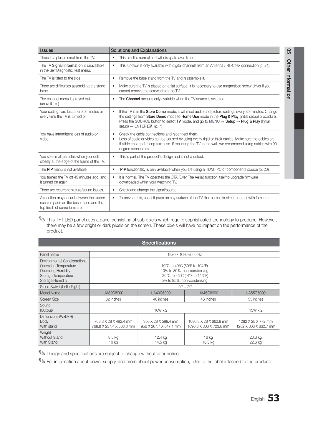 Samsung UA32C6900VMXXV, UA55C6900VMXXV, UA60C6900VMXXV, UA46C6900VMXXV manual Specifications 