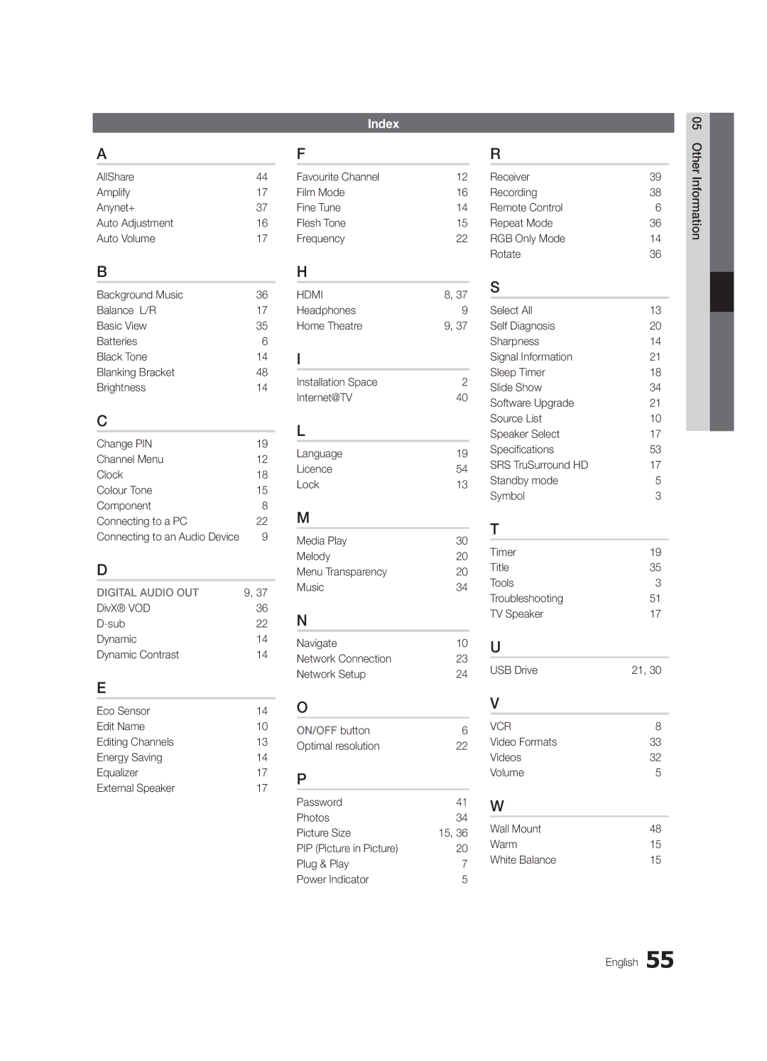 Samsung UA46C6900VMXXV Index, Favourite Channel Film Mode Fine Tune Flesh Tone Frequency, Connecting to an Audio Device 