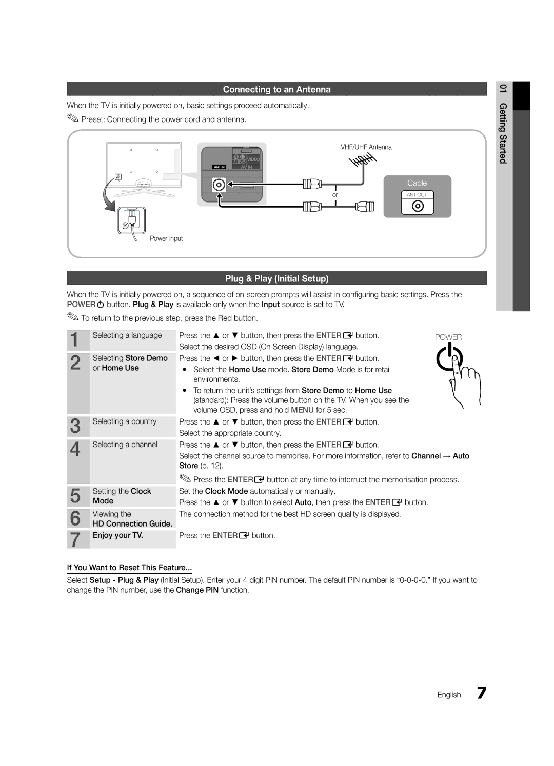 Samsung UA46C6900VMXXV, UA55C6900VMXXV, UA32C6900VMXXV Connecting to an Antenna, Plug & Play Initial Setup, Or Home Use 