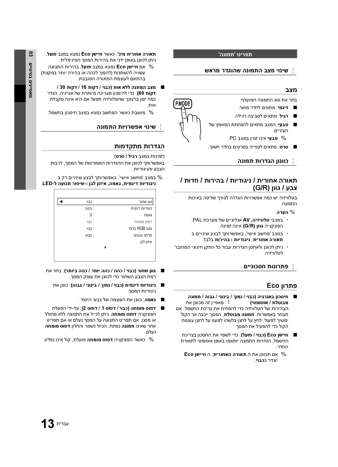 Samsung UA40C6900VRXSQ manual תומדקתמ תורדגה, בצמ, תודח / תוריהב / תוידוגינ / תירוחא הרואת ‎G/R‎ ןווג / עבצ, Eco ןורתפ 