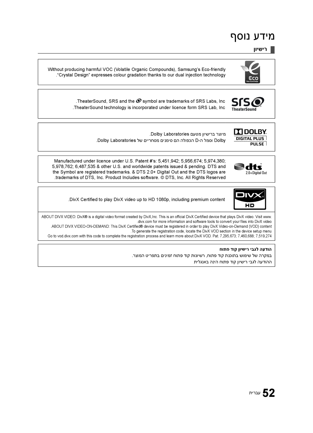 Samsung UA40C6900VRXSQ, UA55C6900VRXSQ, UA46C6900VRXSQ manual חותפ דוק ןוישיר יבגל העדוה 