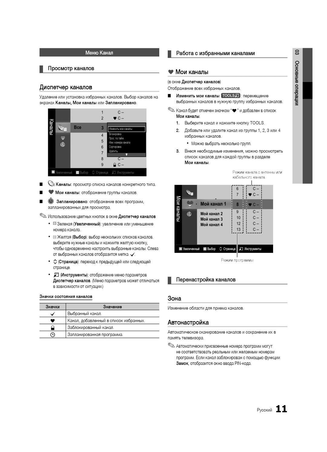 Samsung UA46C6900VRXTW, UA55C6900VRXTW, UA40C6900VRXTW manual Диспетчер каналов, Мои каналы, Зона, Автонастройка 