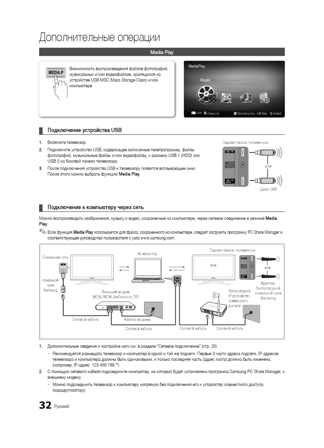 Samsung UA40C7000WRXCS, UA55C7000WRXTW manual Подключение устройства USB, Подключение к компьютеру через сеть, Media Play 