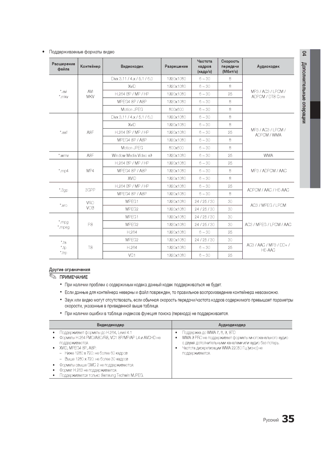 Samsung UA40C7000WRXCS, UA55C7000WRXTW, UA46C7000WRXCS manual Yy Поддерживаемые форматы видео, Другие ограничения 