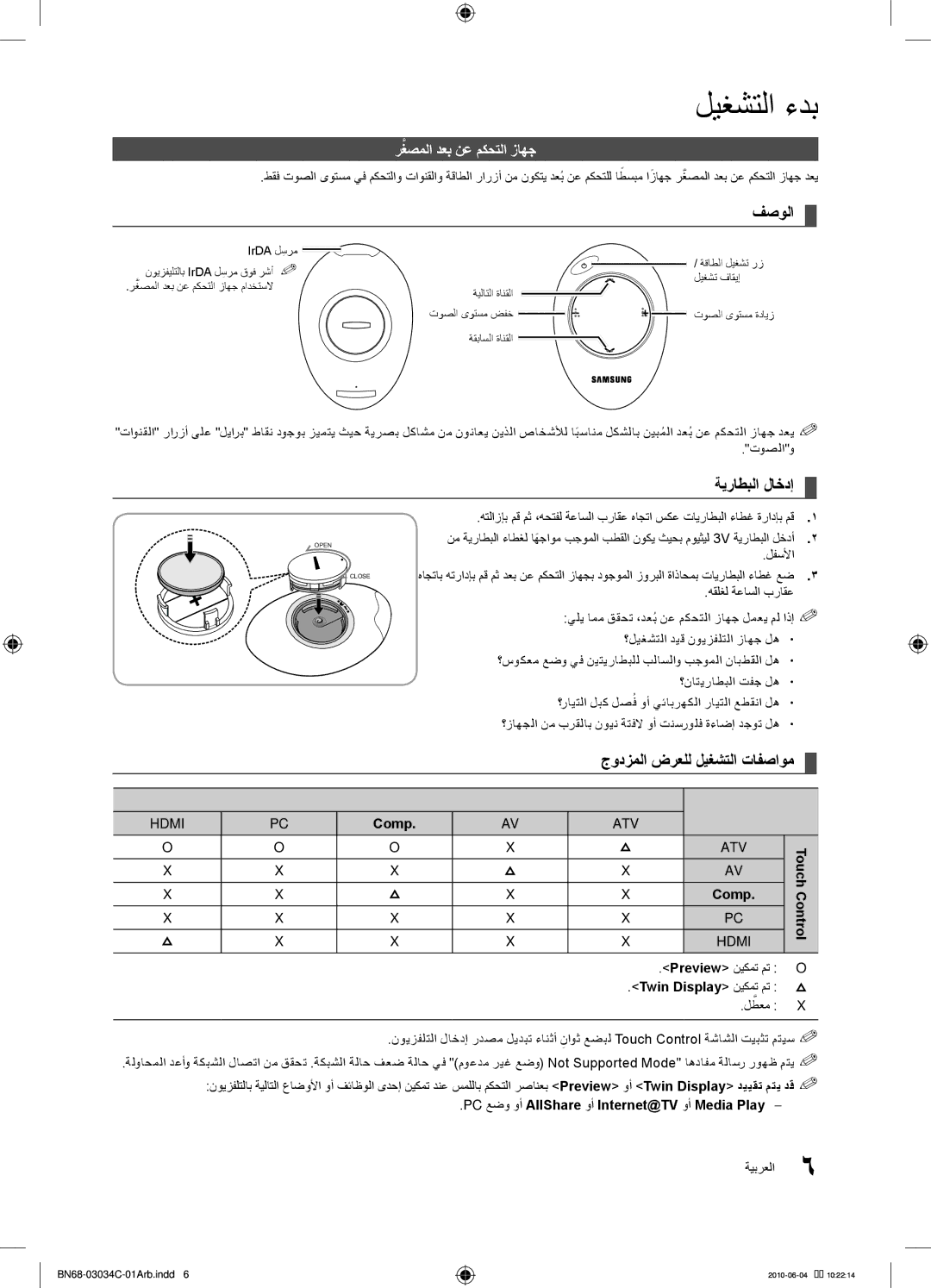 Samsung UA55C9000SRXTW, UA55C9000SRXMN فصولا, ةيراطبلا لاخدإ, جودزملا ضرعلل ليغشتلا تافصاوم, رغصملاَّ دعب نع مكحتلا زاهج 