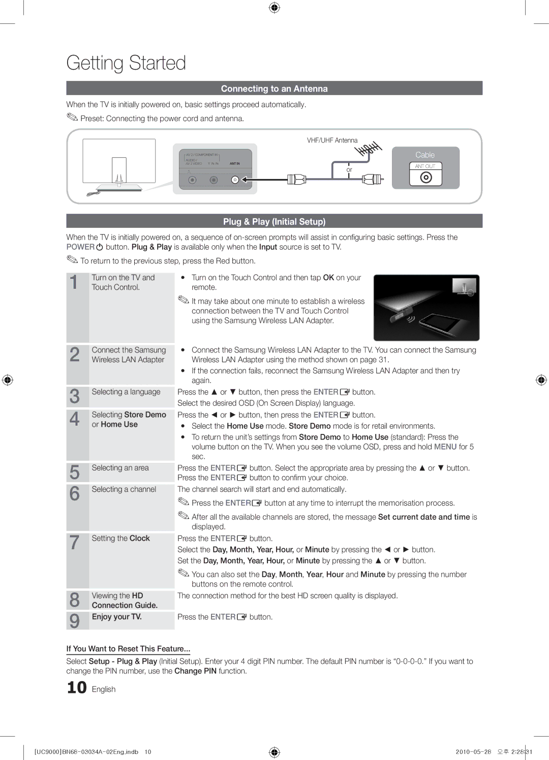 Samsung UA55C9000ZRXXV, UA55C9000SRXMN, UA55C9000SRXSW Connecting to an Antenna, Plug & Play Initial Setup, Touch Control 