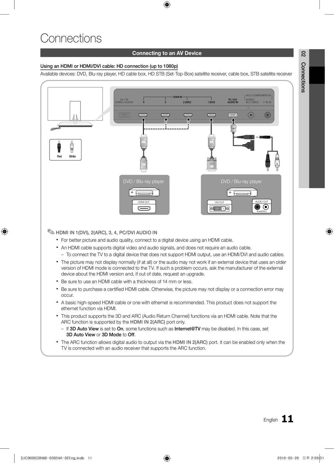 Samsung UA55C9000SRXSQ Connecting to an AV Device, Using an Hdmi or HDMI/DVI cable HD connection up to 1080p, Connections 