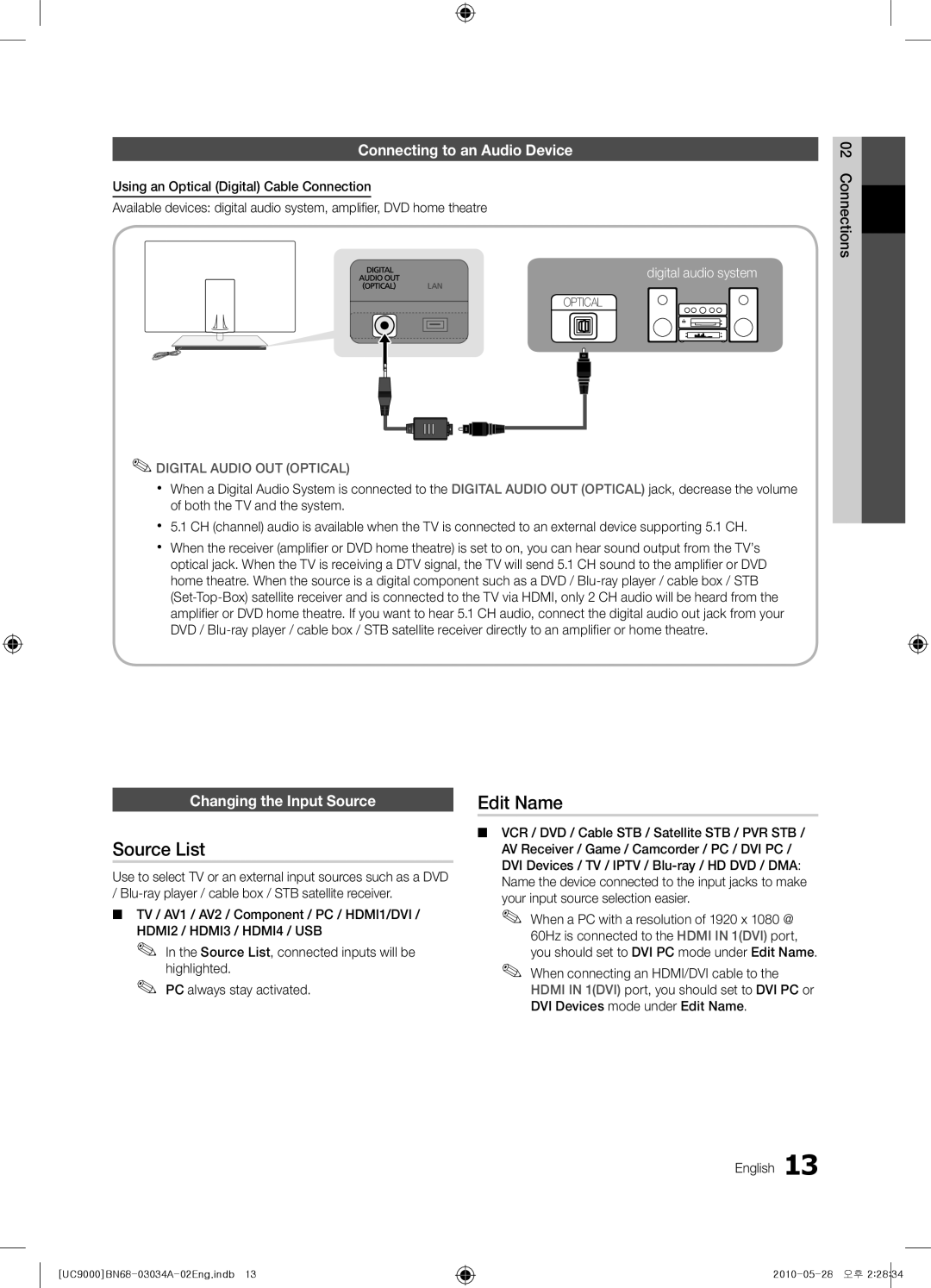 Samsung UA55C9000SRXSW, UA55C9000SRXMN Source List, Edit Name, Connecting to an Audio Device, Changing the Input Source 