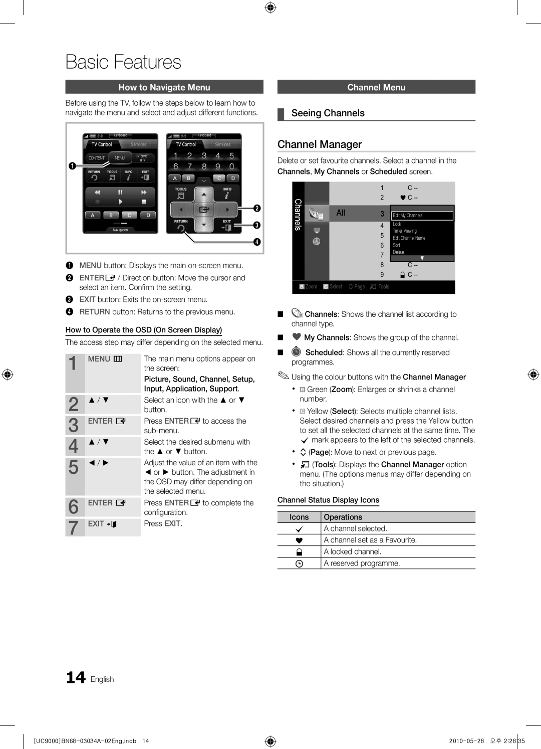 Samsung UA55C9000SRXZN, UA55C9000SRXMN, UA55C9000SRXSW Channel Manager, Seeing Channels, How to Navigate Menu, Channel Menu 