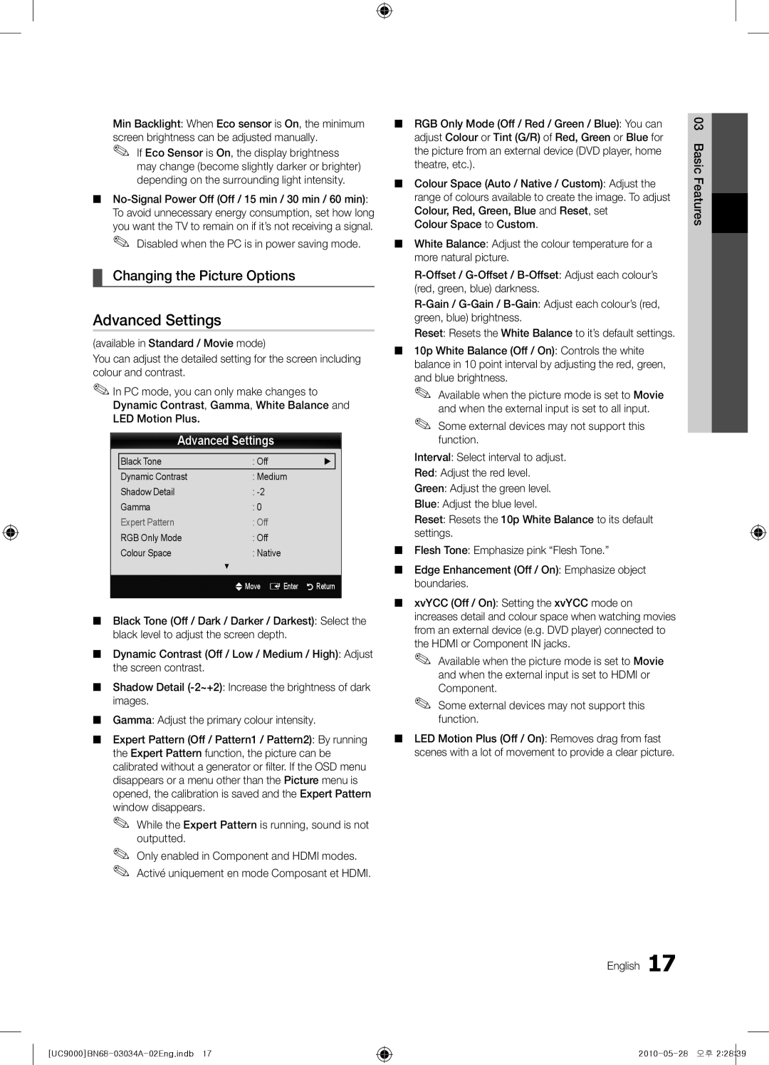 Samsung UA55C9000ZRXUM manual Advanced Settings, Changing the Picture Options, Disabled when the PC is in power saving mode 