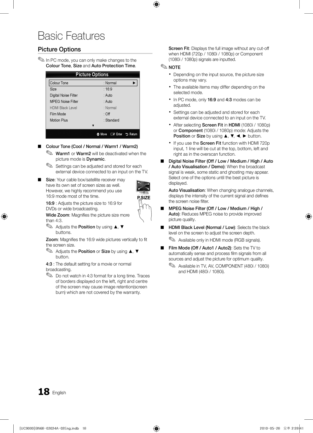 Samsung UA55C9000SRXTW manual Picture Options, Available only in Hdmi mode RGB signals, Film Mode Off Motion Plus Standard 