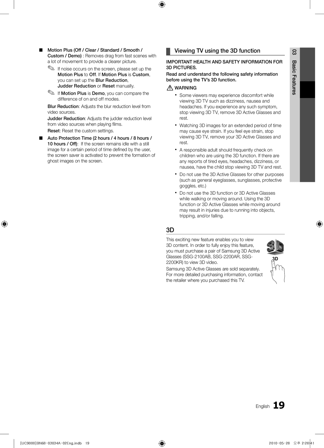 Samsung UA55C9000SRXUM manual Viewing TV using the 3D function, Important Health and Safety Information for 3D Pictures 