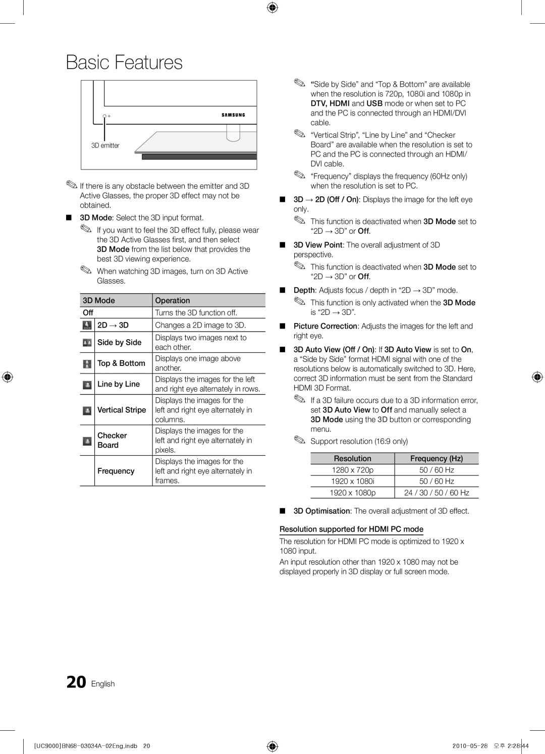 Samsung UA55C9000SRXXV, UA55C9000SRXMN manual Displays the images for, 60 Hz, 3D emitter, Right eye alternately in rows 