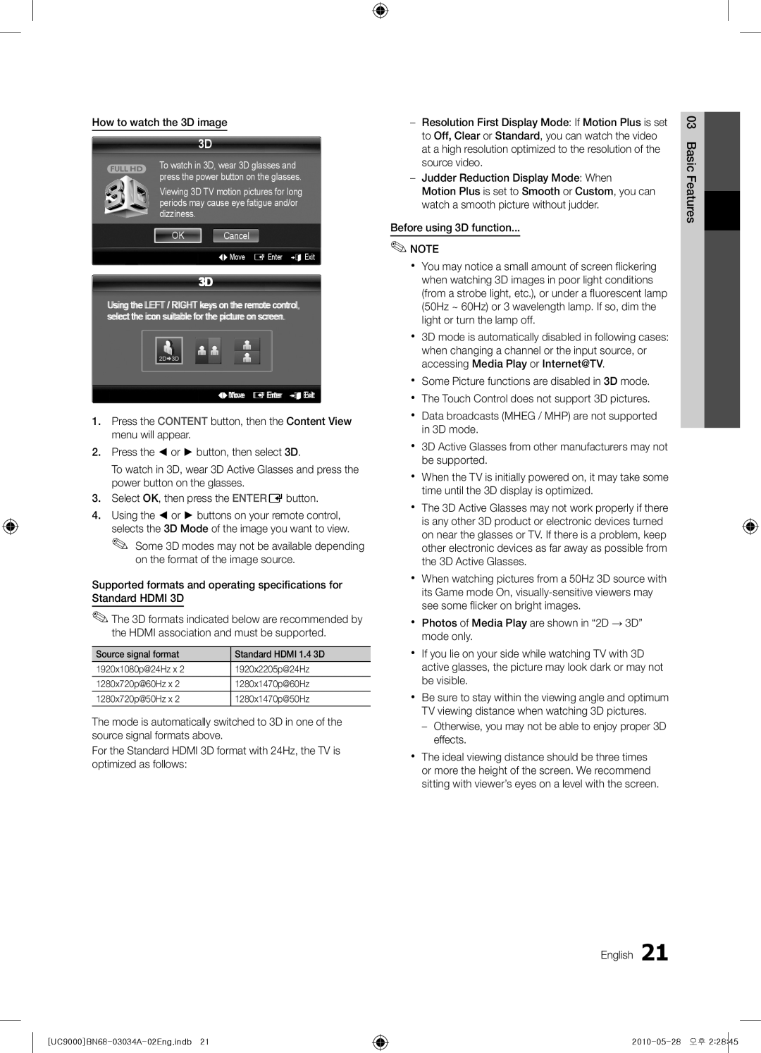 Samsung UA55C9000SRMXV How to watch the 3D image, Source video Judder Reduction Display Mode When, 3D mode, Be supported 