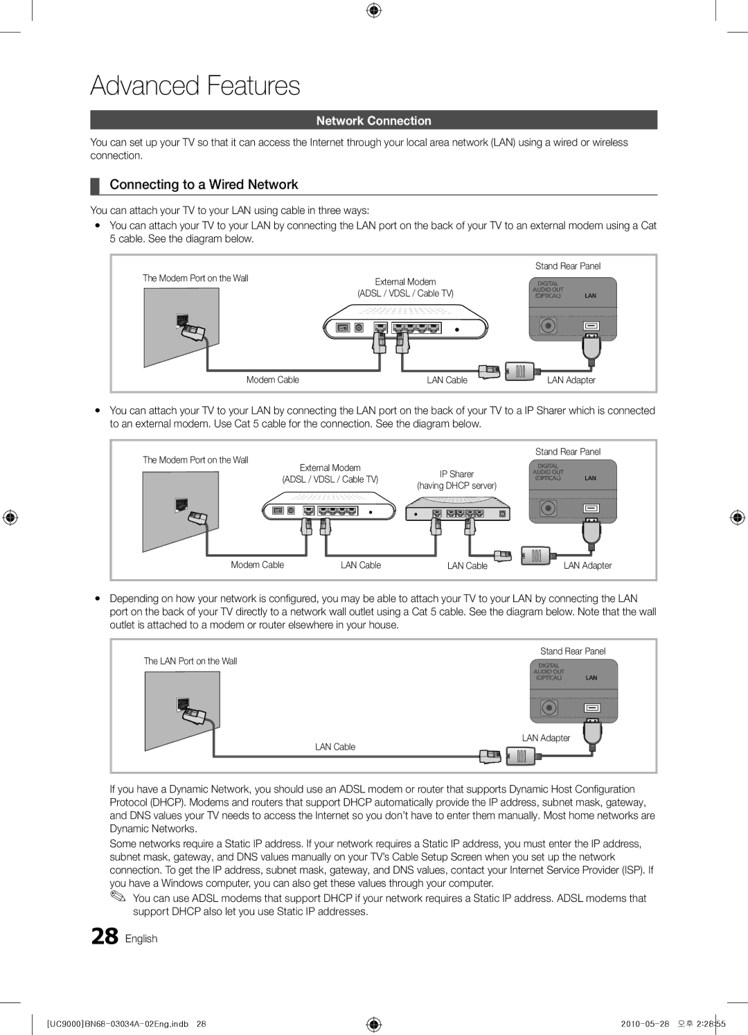 Samsung UA55C9000ZRXZN, UA55C9000SRXMN, UA55C9000SRXSW, UA55C9000SRXZN Connecting to a Wired Network, Network Connection 