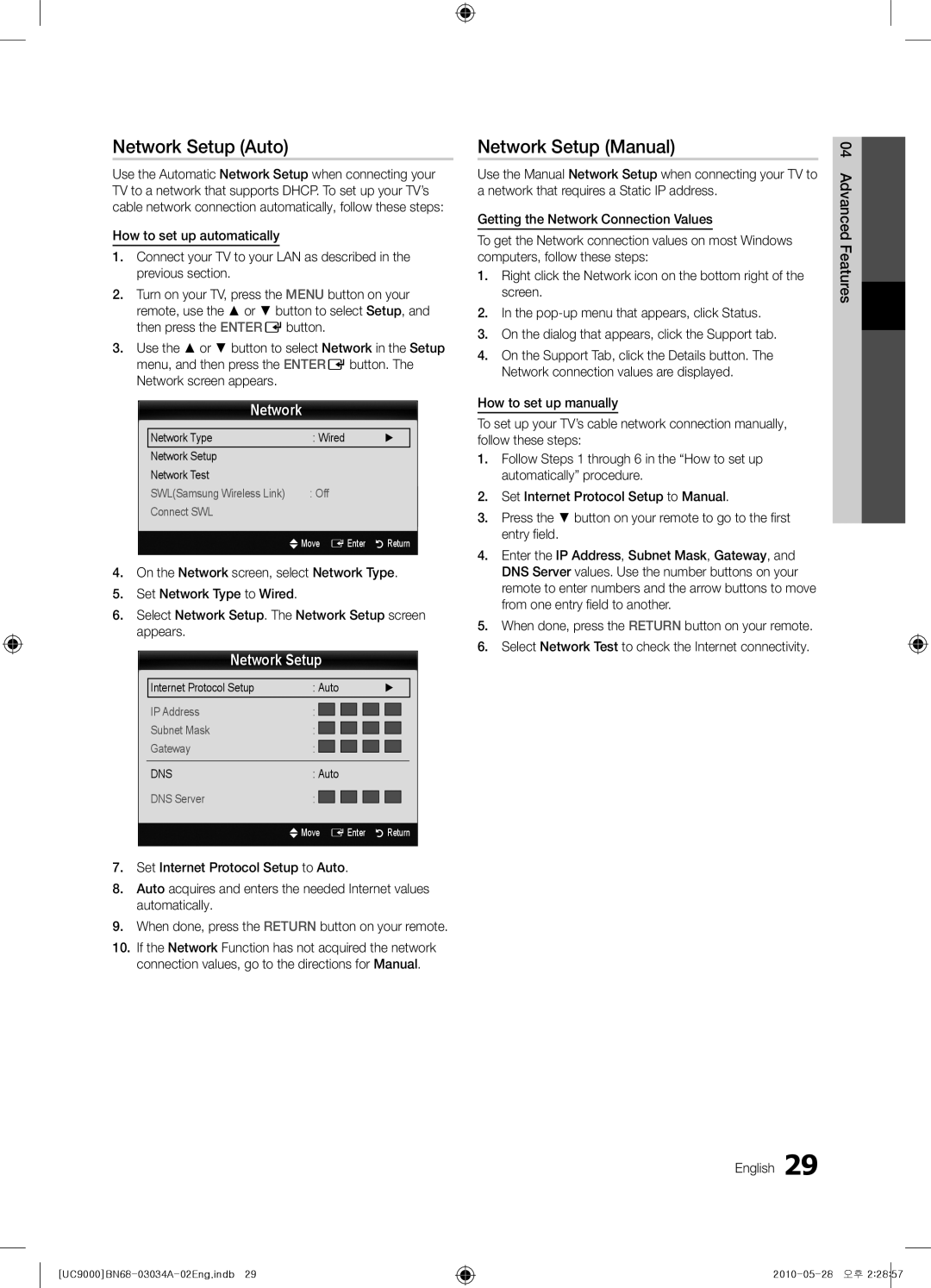 Samsung UA55C9000ZRXUM manual Network Setup Auto, Network Setup Manual, Network Type Wired Network Setup Network Test 