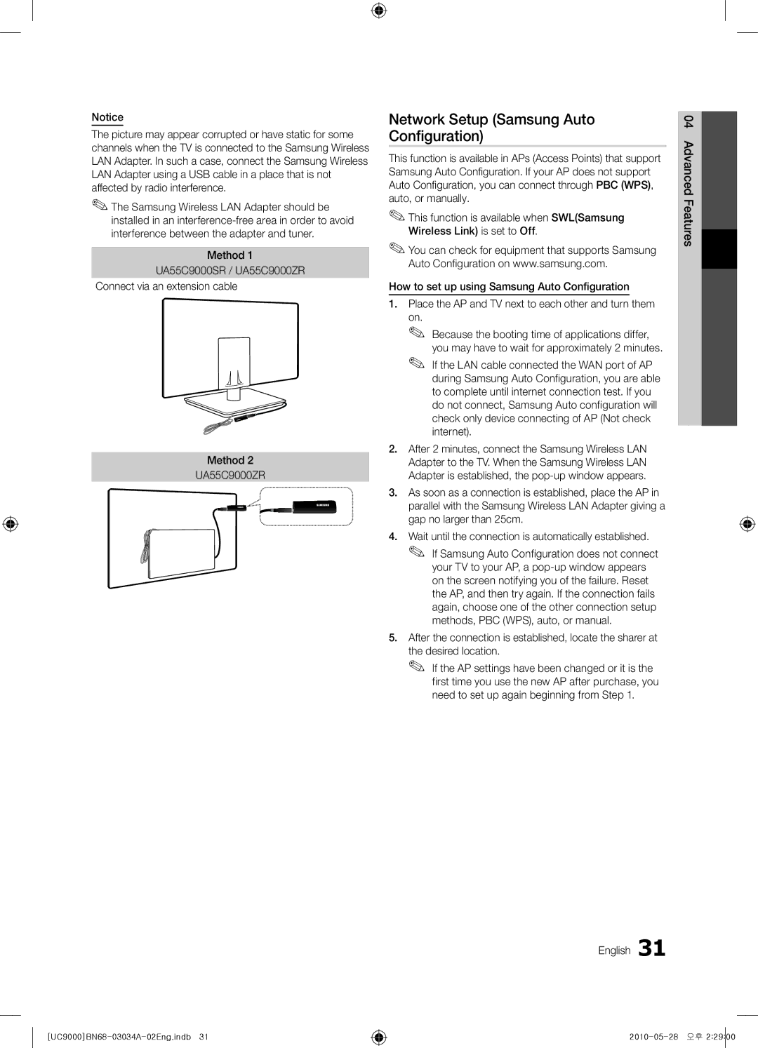 Samsung UA55C9000SRXUM, UA55C9000SRXMN, UA55C9000SRXSW, UA55C9000SRXZN manual Network Setup Samsung Auto Configuration 