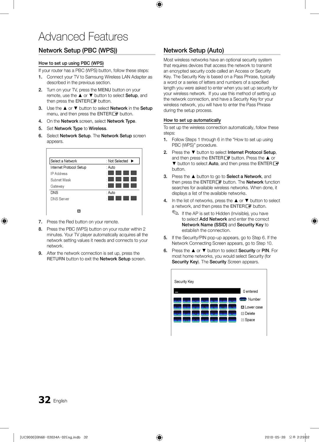 Samsung UA55C9000SRXXV manual Network Setup PBC WPS, How to set up using PBC WPS, Security Key Entered ~9 Number, Delete 