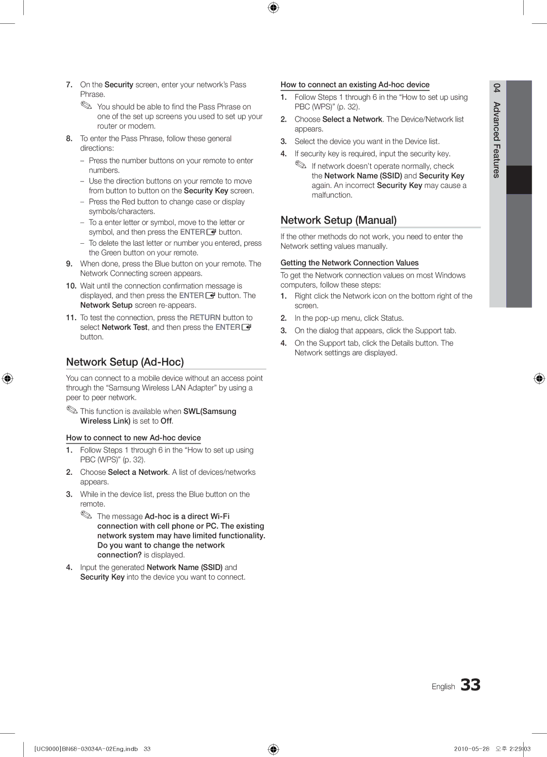 Samsung UA55C9000SRMXV, UA55C9000SRXMN, UA55C9000SRXSW, UA55C9000SRXZN manual Network Setup Ad-Hoc, Network Setup Manual 