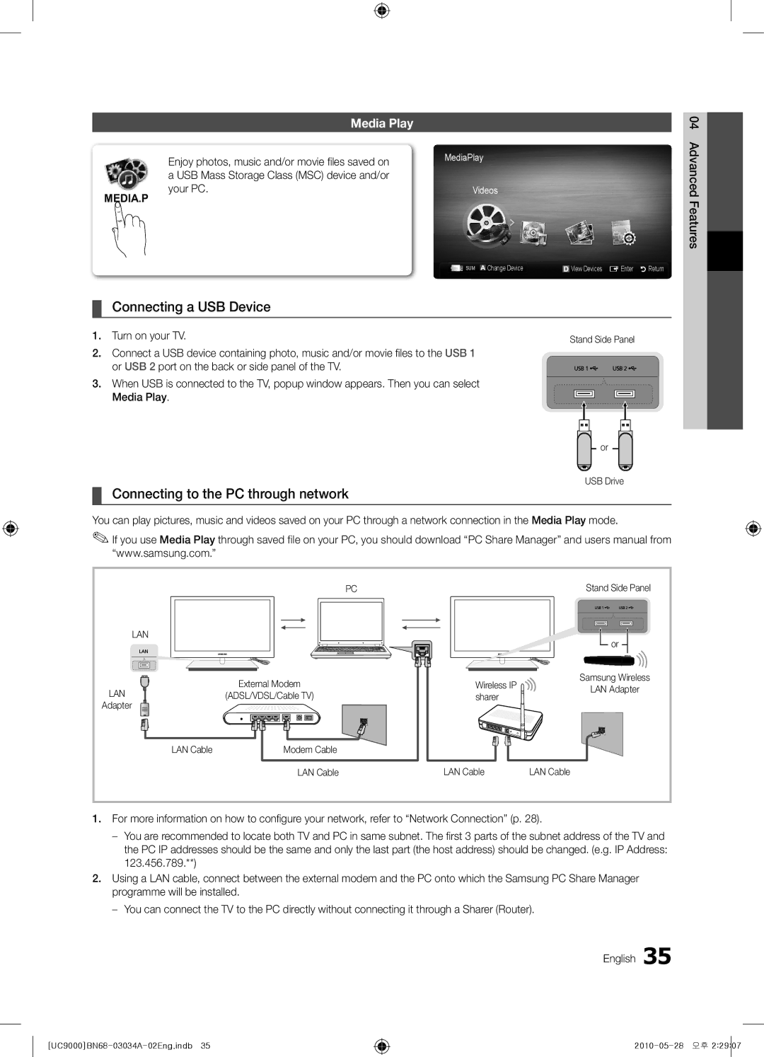 Samsung UA55C9000SRXSQ manual Connecting a USB Device, Connecting to the PC through network, Media Play, Turn on your TV 