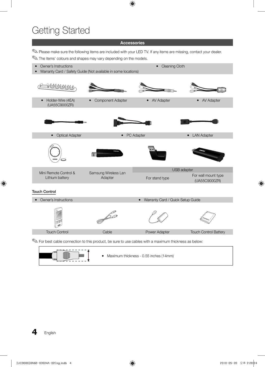 Samsung UA55C9000ZRXZN, UA55C9000SRXMN manual Accessories, UA55C9000ZR Yy Optical Adapter Yy PC Adapter, For stand type 