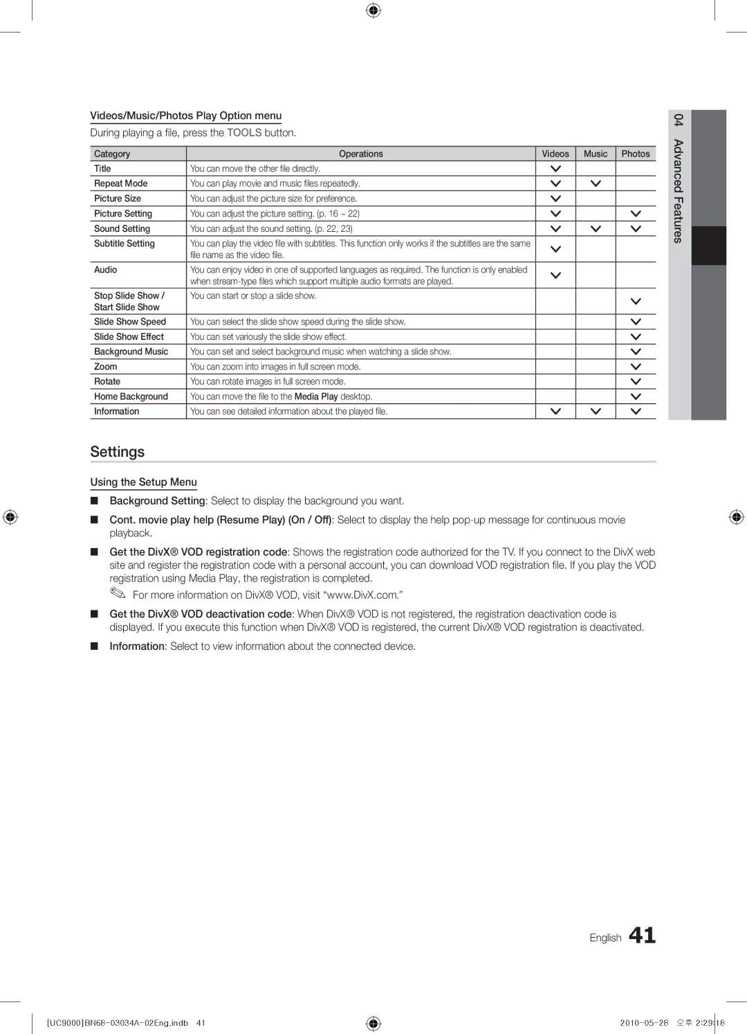 Samsung UA55C9000ZRXUM, UA55C9000SRXMN, UA55C9000SRXSW, UA55C9000SRXZN manual Settings, File name as the video file Audio 